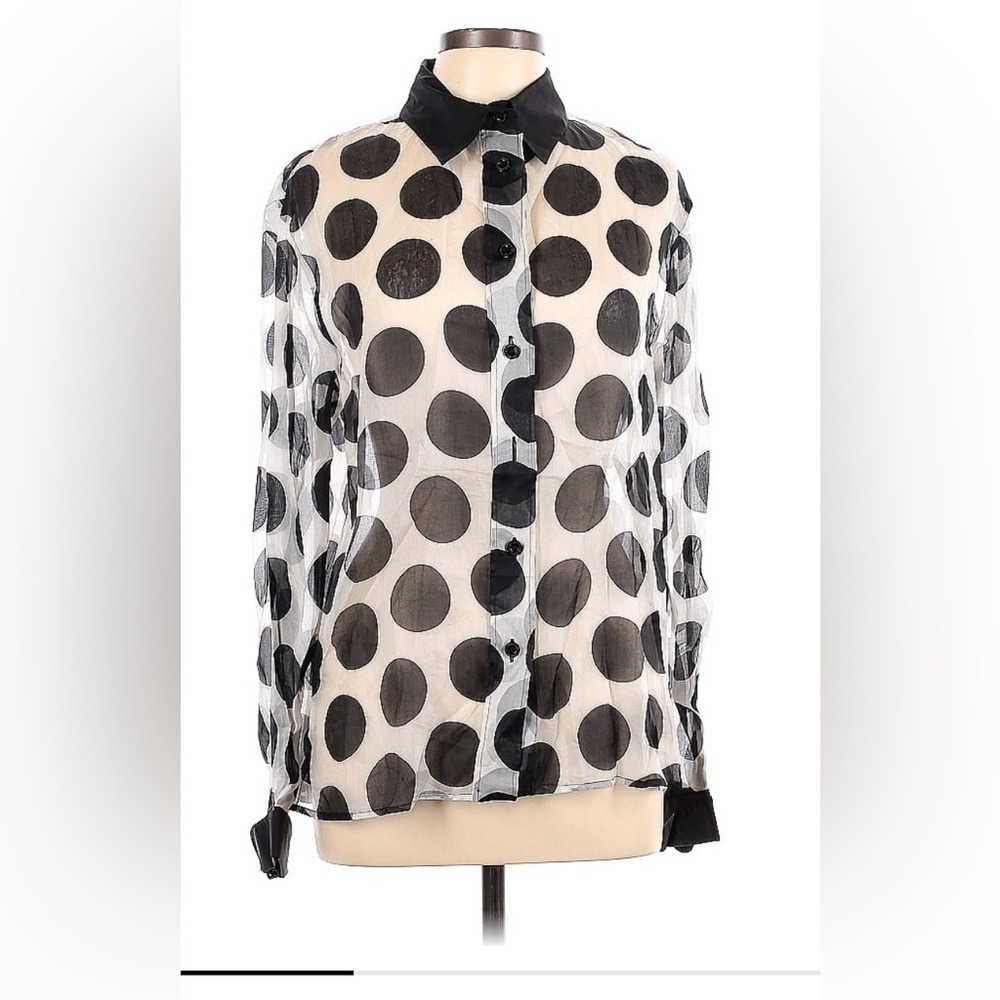 Gianfranco Ferre Jeans Sheer Polka Dot Button Down Blouse Black White XL